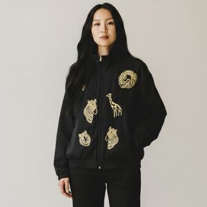 Vintage Black Gold Embroidered Safari Animal Jacket Size M Statement Bomber